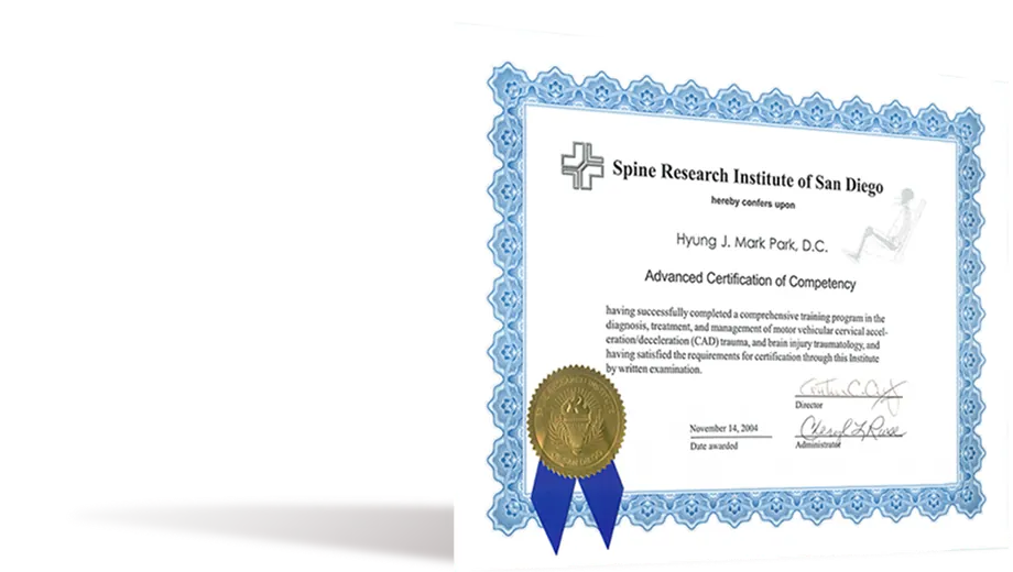 Advanced Certification of Competency in motor vehicular cervical accel-eration/deceleration(CAD) (Spine Research Institute of San Diego)